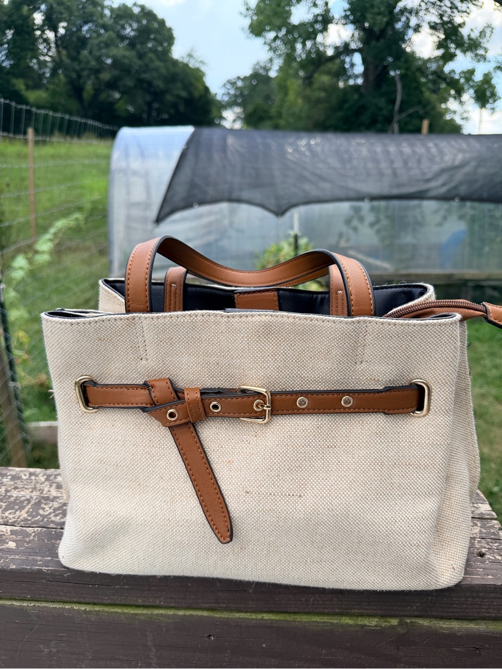 Kim Rogers Canvas Belted Satchel Bag Tan Beige Medium Tote Purse Handbag